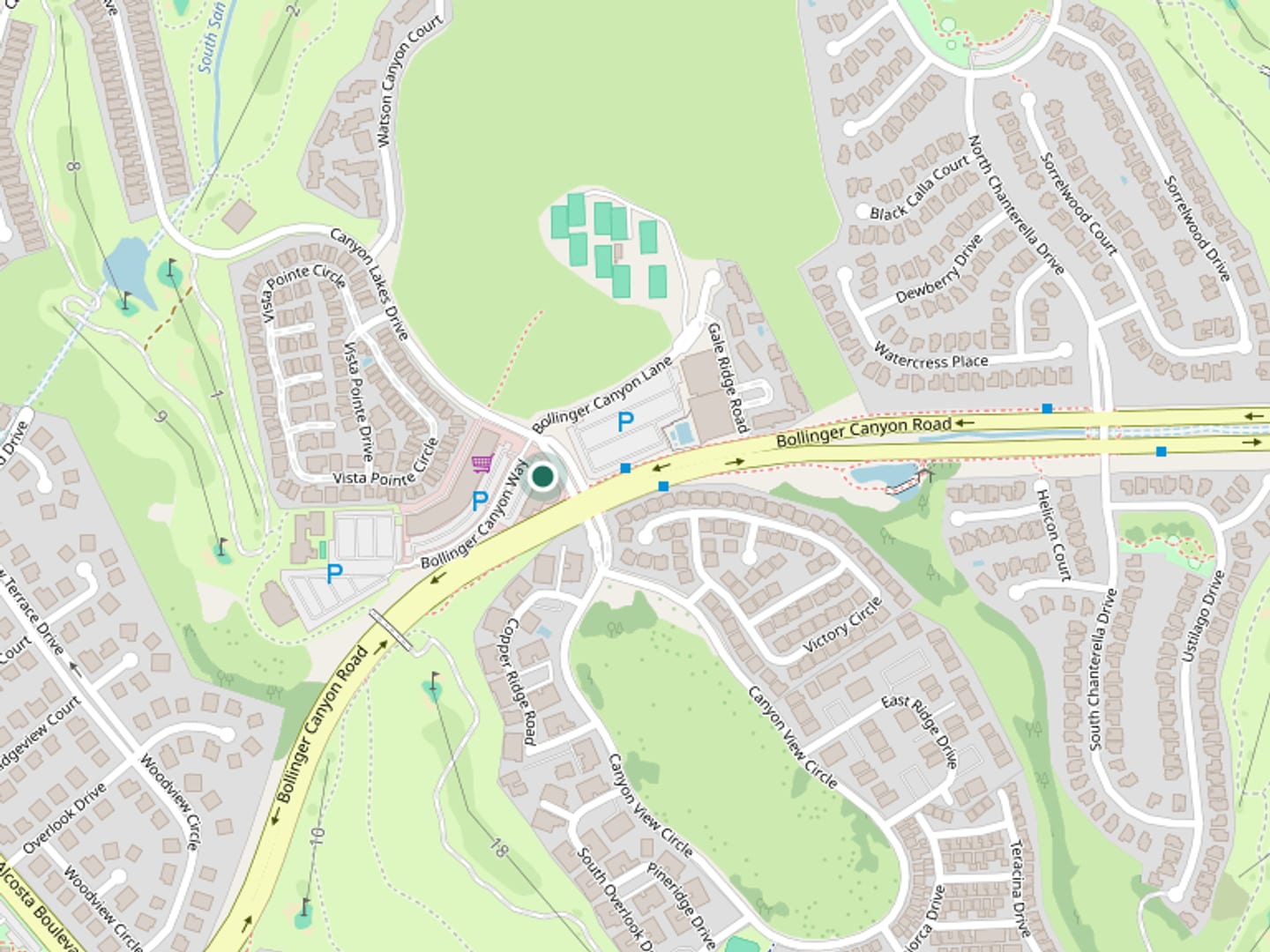Map showing Canyon Lakes Orthodontics at 525 Bollinger Canyon Way, Suite 102, San Ramon, CA 94582, just off Bollinger Canyon Road.