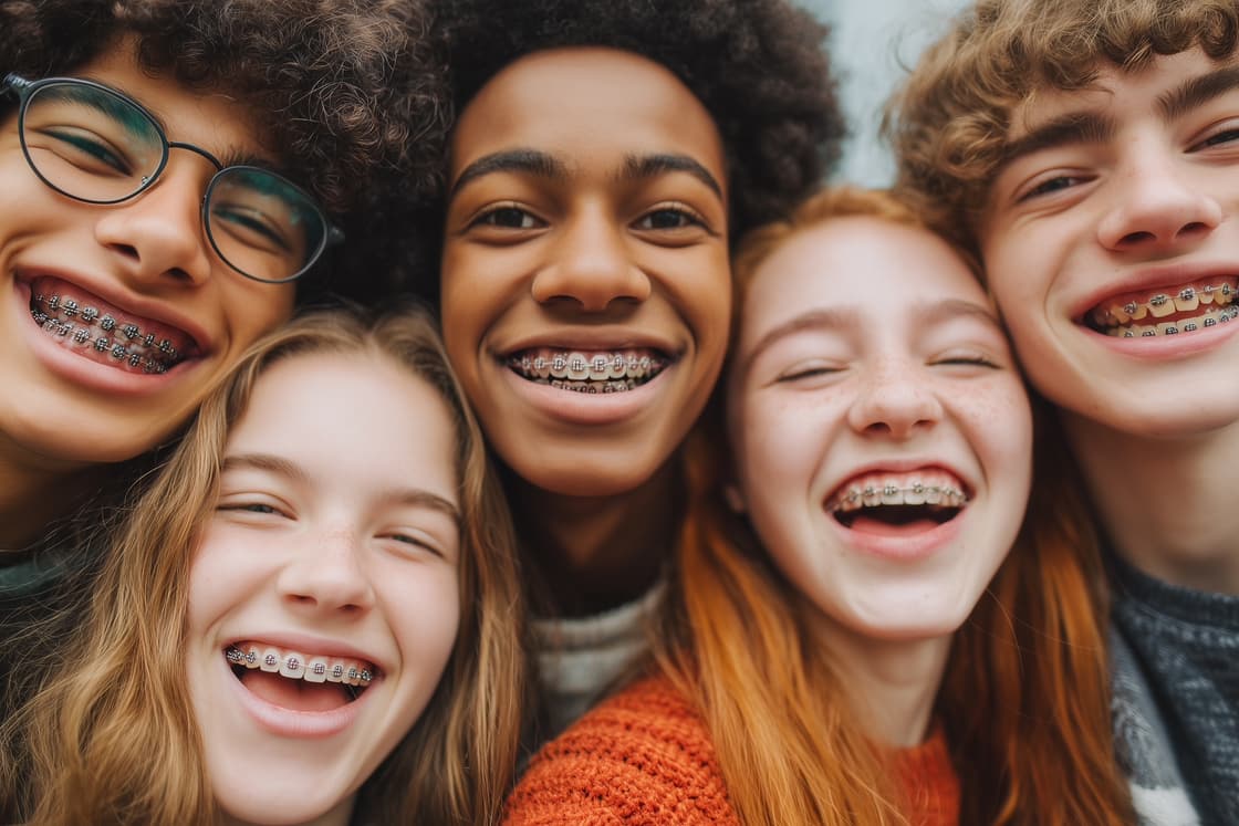 A diverse group of teenagers smiling together while wearing braces.